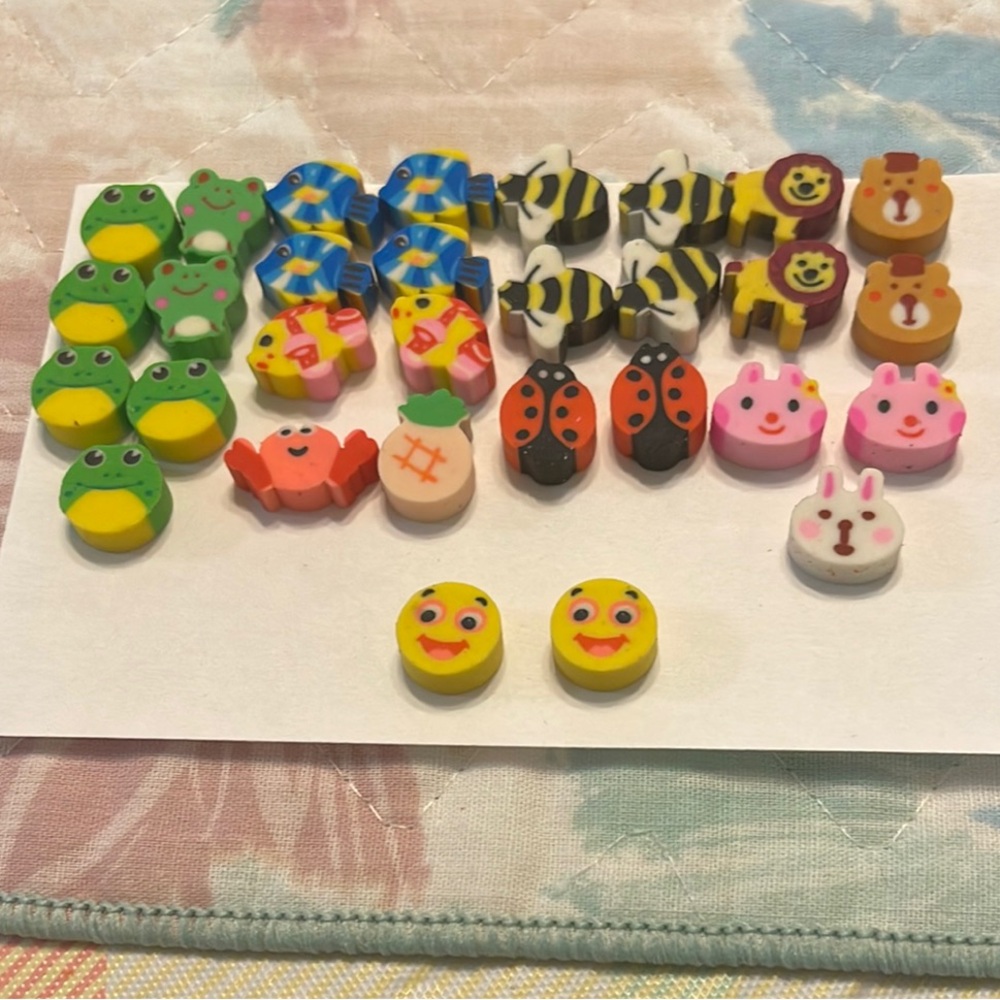 66 pc Mini Eraser Set - Animals, pineapple, smileys